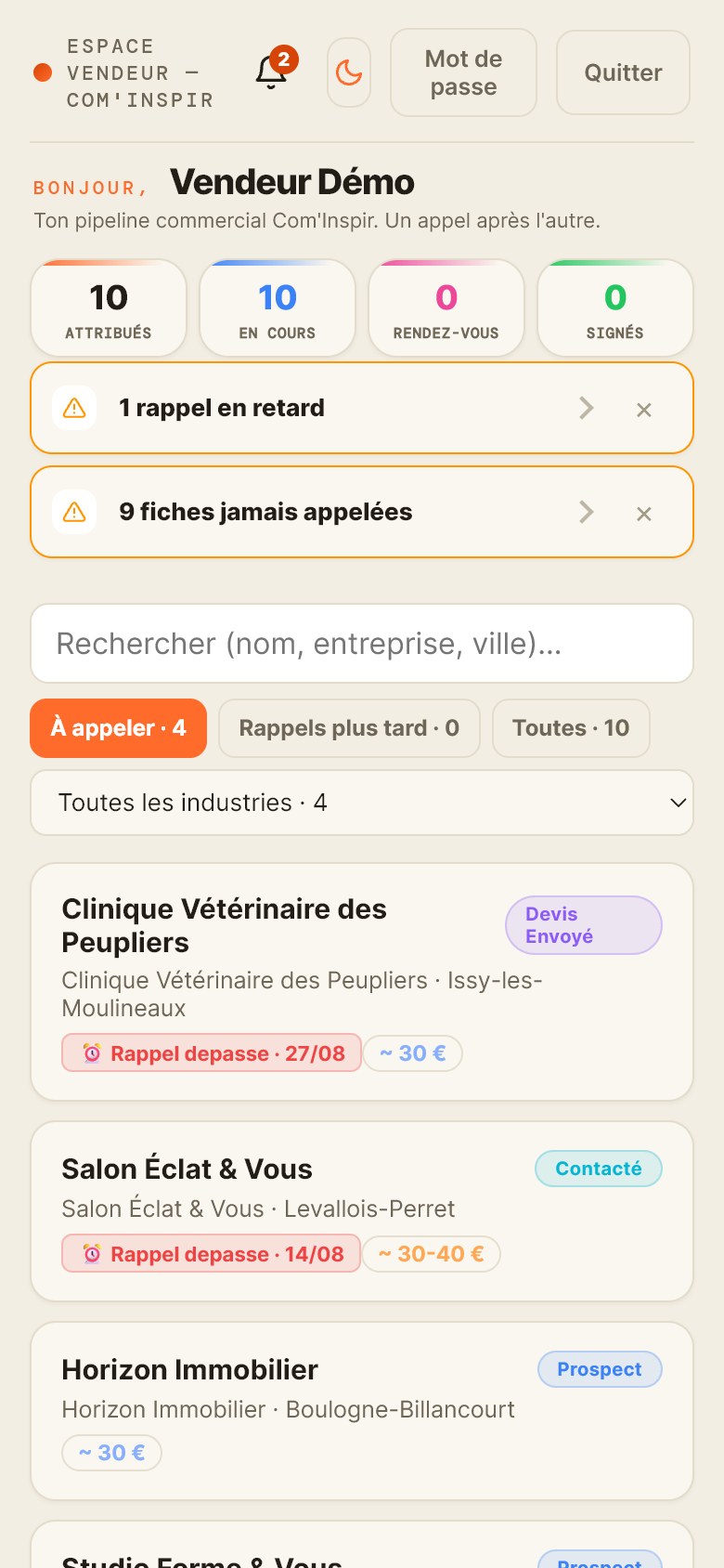 Dashboard Com'Inspir Cloud sur mobile